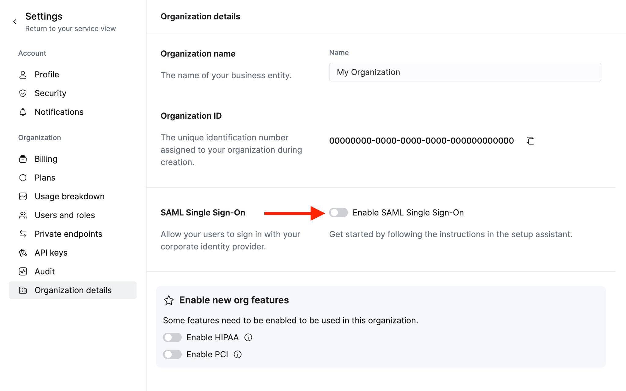 Start SAML setup